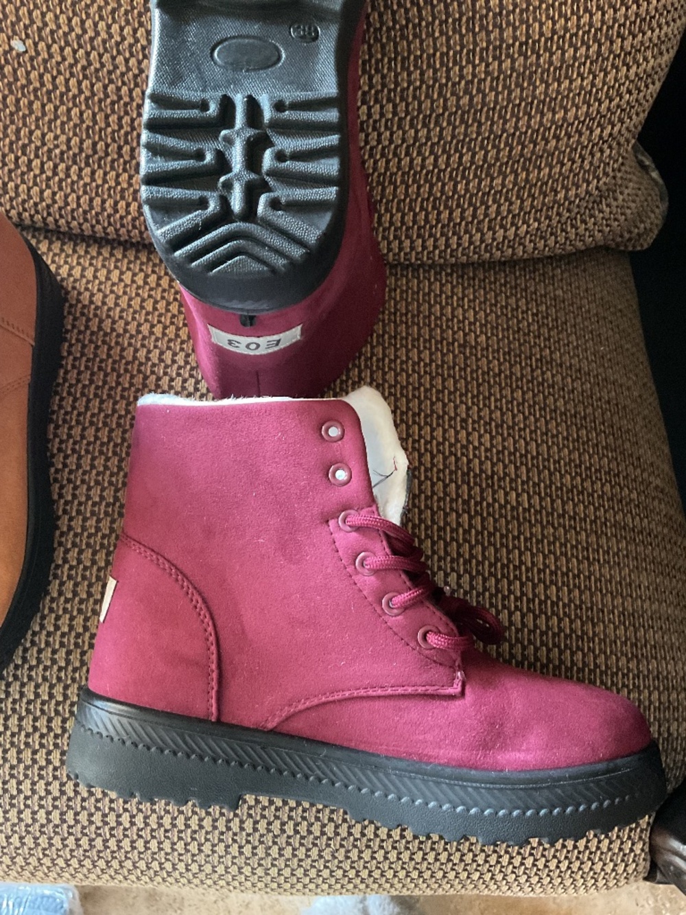 Women's Burgundy Faux Suede Faux Fur Lined Combat Boots Lace Up Ankle EU 38 new
